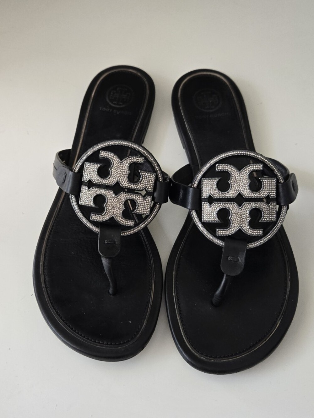 Tory Burch Miller Sandals with Rhinestone Logo Medallion